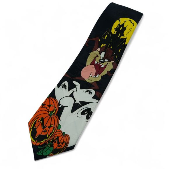 Vtg Looney Tunes Mania Neck Tie 4"x58" Halloween Taz Ghost Jack O Lantern 1996 - Picture 1 of 7